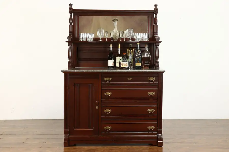 Main image of Victorian Eastlake Antique Cherry Server, Sideboard, Bar Cabinet, Marble