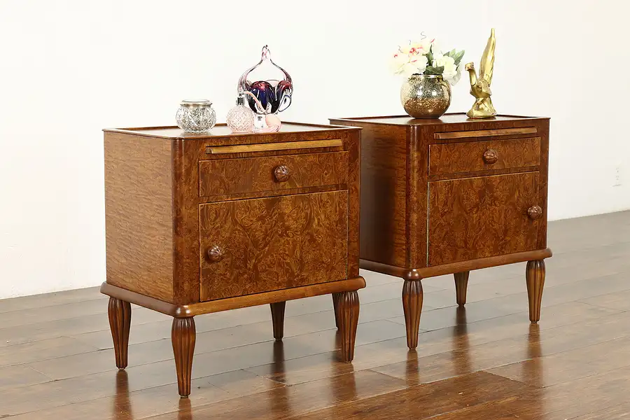 Main image of Pair of Art Deco Vintage Scandinavian Maple & Burl Nightstands End Tables