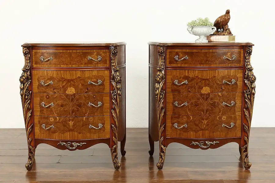 Main image of Pair of French Style Vintage Marquetry Nightstands, Chests or End Tables