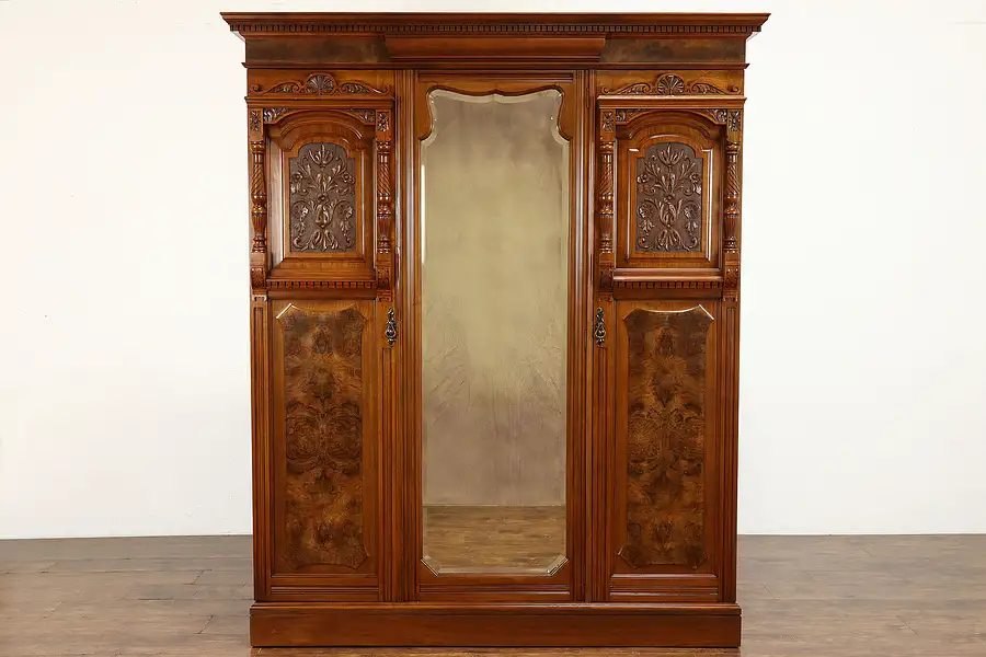 Main image of Victorian Carved Walnut & Burl English Triple Armoire, Beveled Mirror