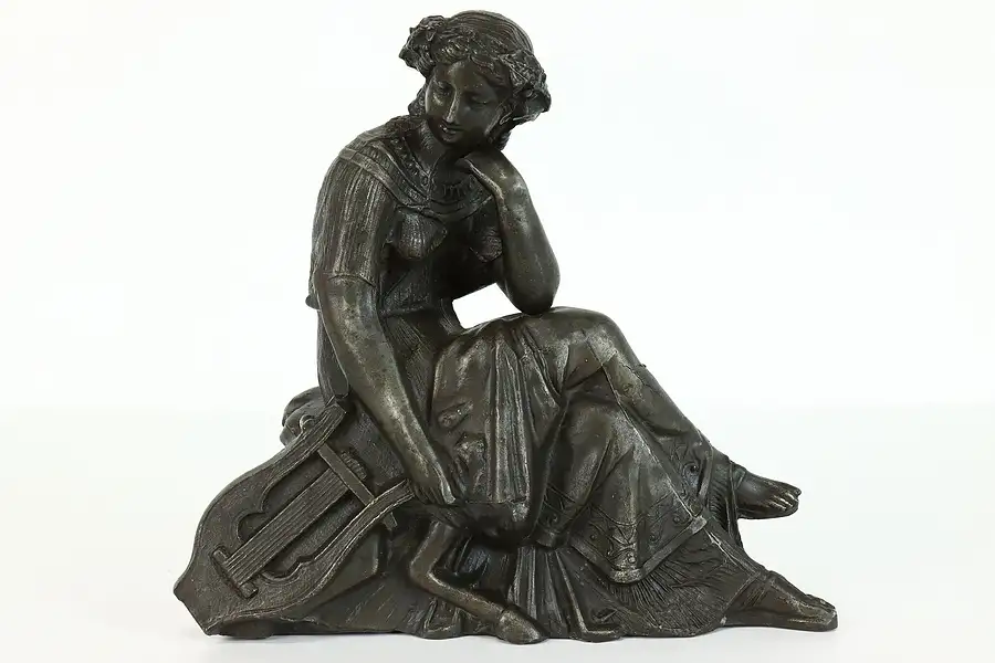 Main image of Victorian Antique Metal Statue of Woman with Lyre or Harp Sculpture