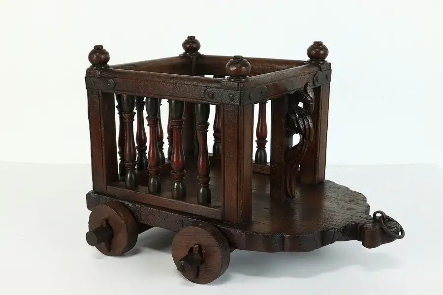 Main image of Asian Antique Chestnut Child Size Toy Cart, Carved Peacock & Iron Ring