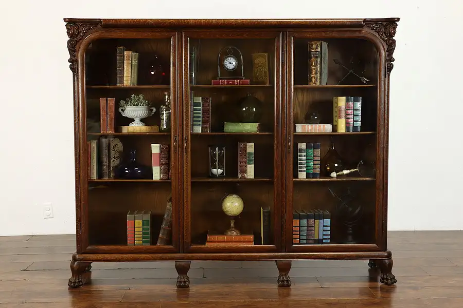 Main image of Triple Antique Oak Office or Library Bookcase, Carved Cherubs, Rockford