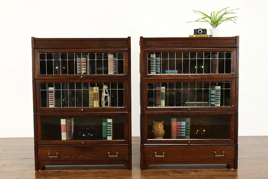 Main image of Pair of Craftsman 3 Stack Leaded Glass Oak Lawyer Bookcases, Lundstrom