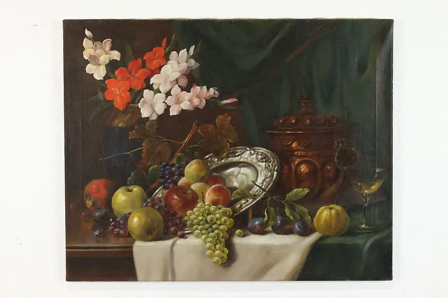 Main image of Still Life of Banquet Table with Fruit, Vintage Original Oil Painting 30"