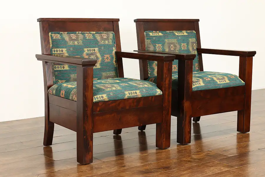 Main image of Pair of Arts & Crafts Mission Antique Throne Hall Chairs, New Upholstery