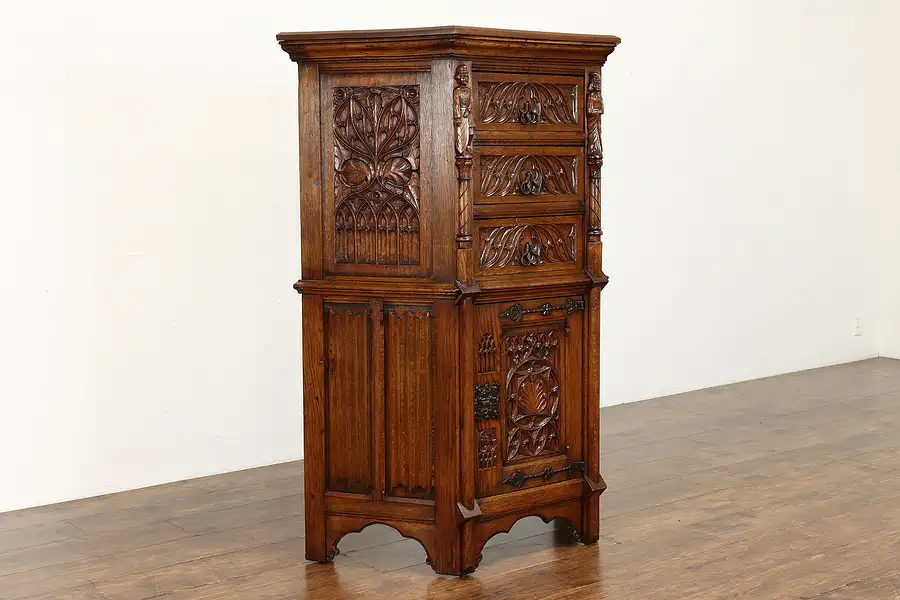 Main image of Gothic Carved Oak Antique European Cabinet, Hall Cupboard or Pantry