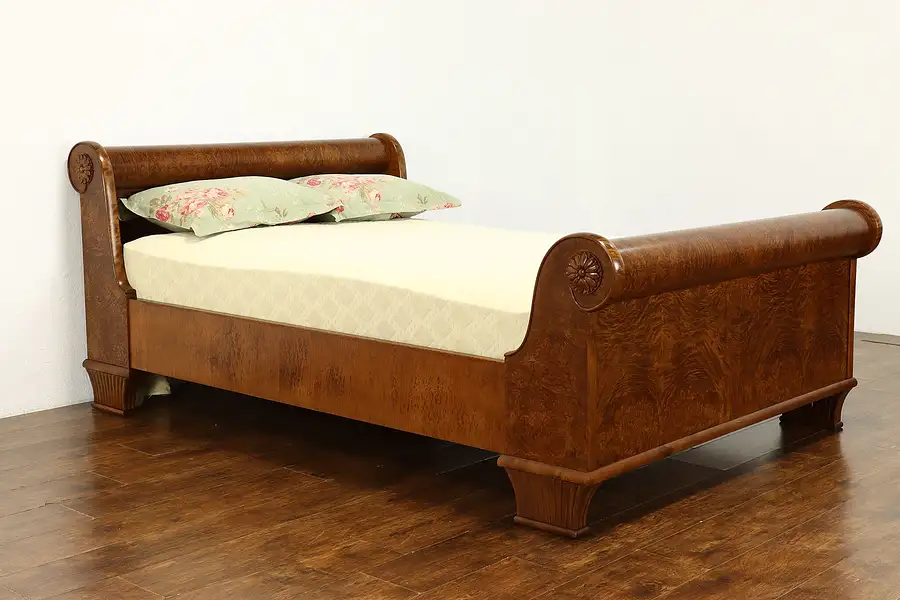 Main image of Art Deco Vintage European Curly Maple X Long Full Double Size Sleigh Bed