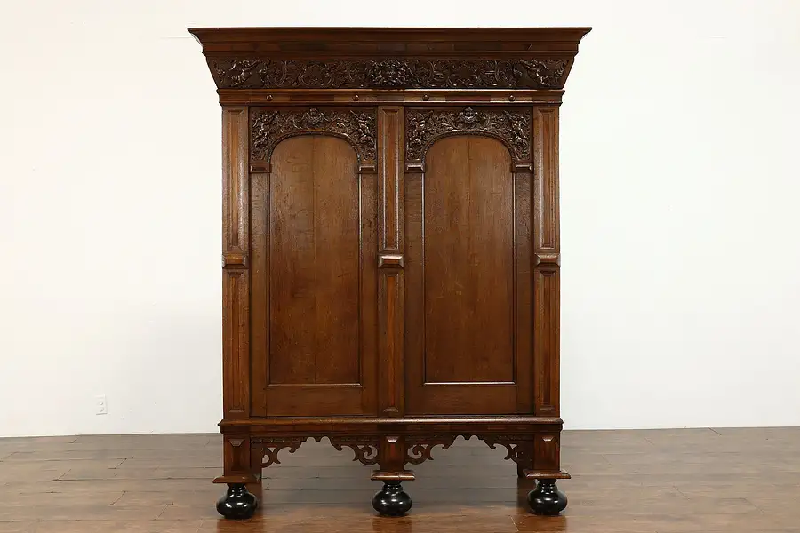 Main image of Dutch Traditional Antique 1670 Carved Oak Kas, Dowry Armoire or Cabinet