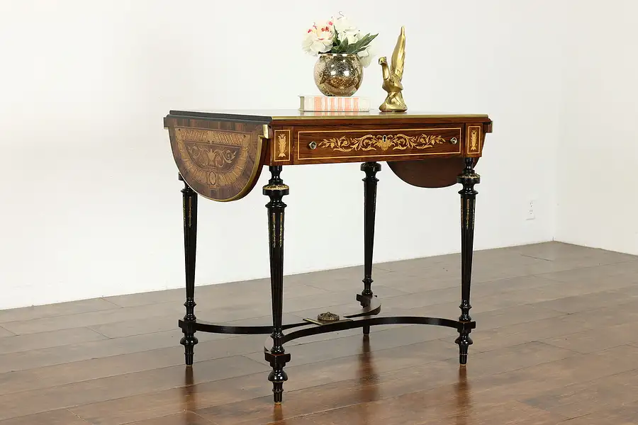 Main image of Italian Antique Marquetry Drop Leaf End or Lamp Table, Hall Console