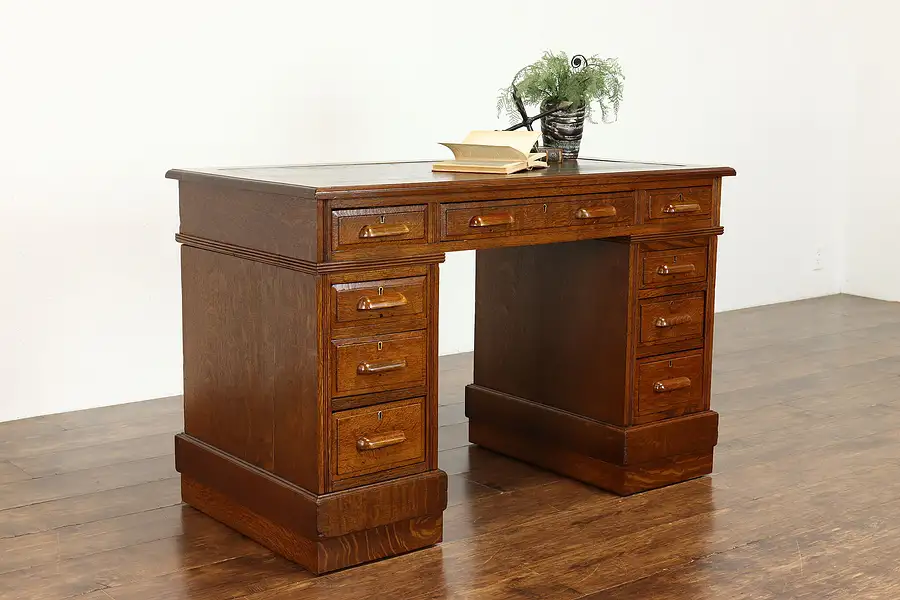 Main image of English Antique Oak Office or Library Desk with Tooled Leather Top