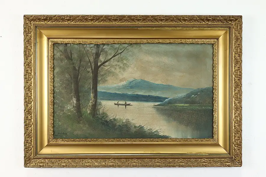 Main image of Fishing Boat on Mountain Lake Original Antique Oil Painting, Browning 40"