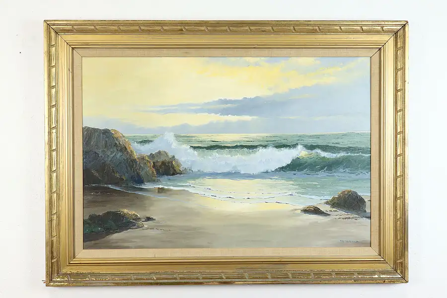 Main image of Pacific Cove & Ocean Waves Original Vintage Oil Painting, M. Lau 44.5"