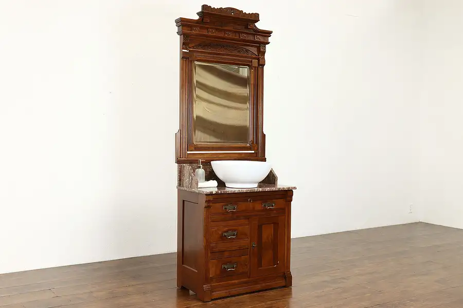 Main image of Victorian Eastlake Antique Washstand with Marble Top, Beveled Mirror