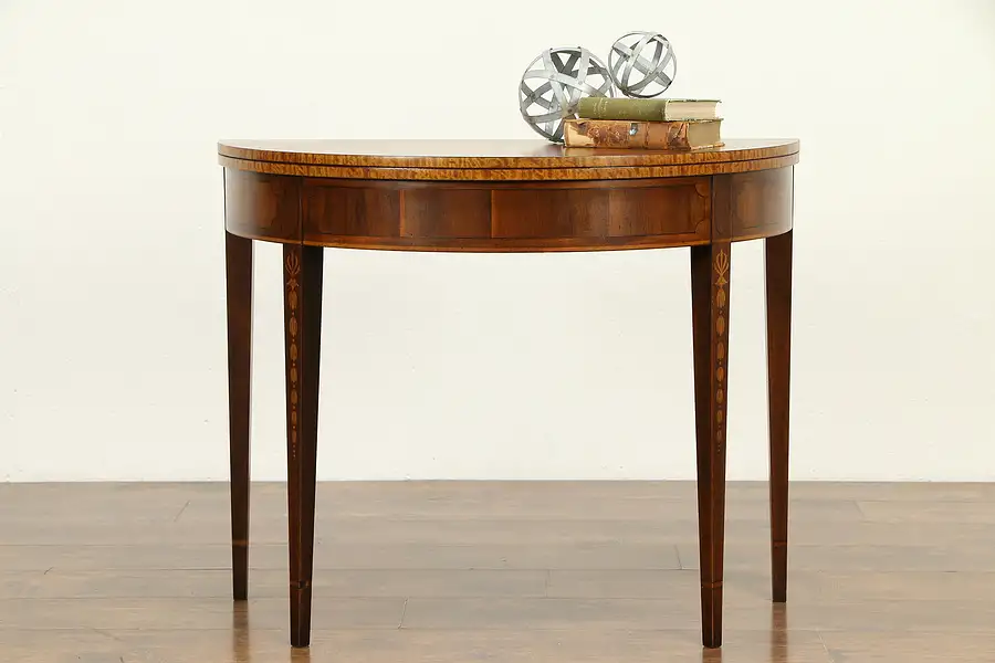 Main image of Hepplewhite Vintage Mahogany Marquetry Hall Console opens to Game Table