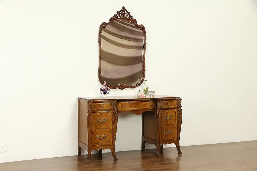 Main image of Satinwood Carved Vintage Desk Vanity, Dressing Table & Mirror