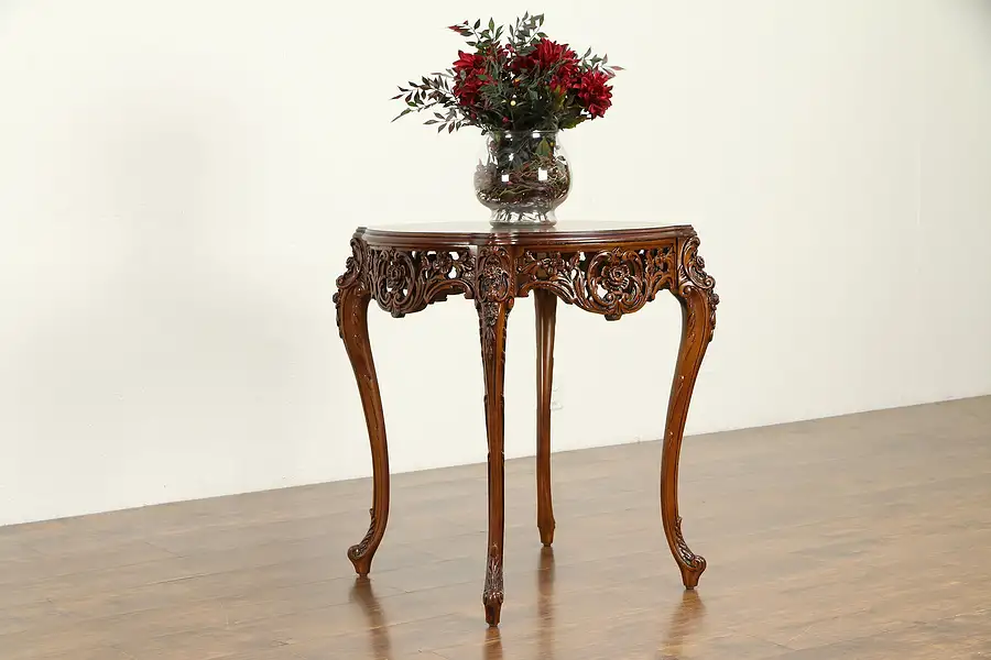 Main image of Marquetry Inlaid Vintage Carved Walnut Hall Center or Lamp Table