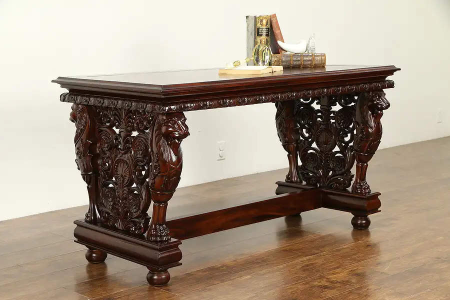 Main image of Lion Carved Mahogany Vintage Library Table or Desk