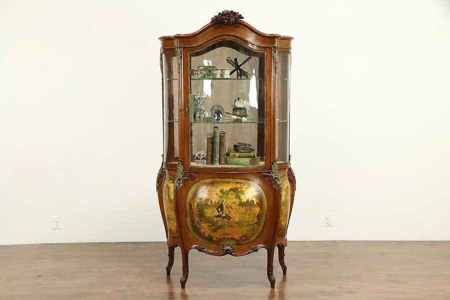 Main image of French Antique Bombe Curved Glass Vitrine Curio China Cabinet, Painting