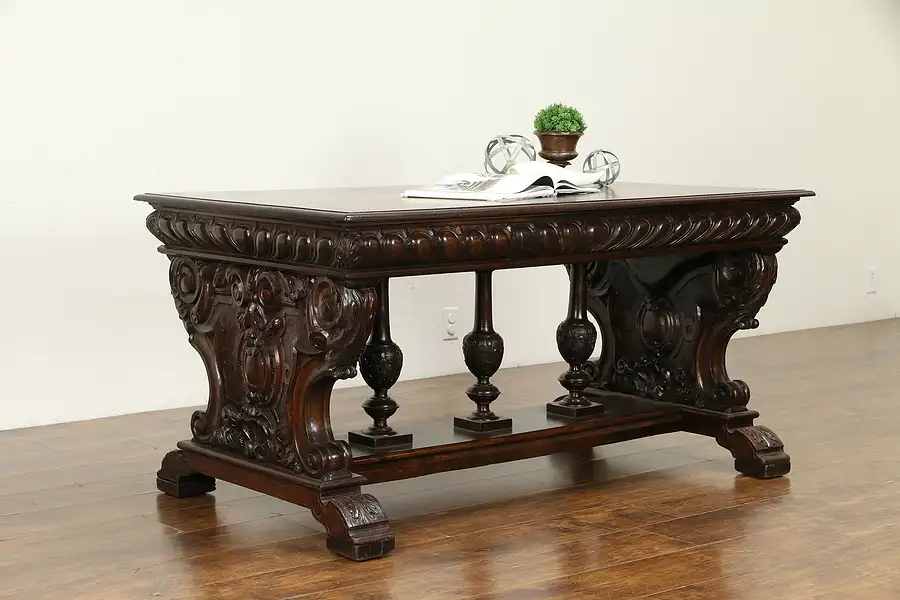 Main image of Italian Antique Mahogany Library Table or Desk, Hand Carved