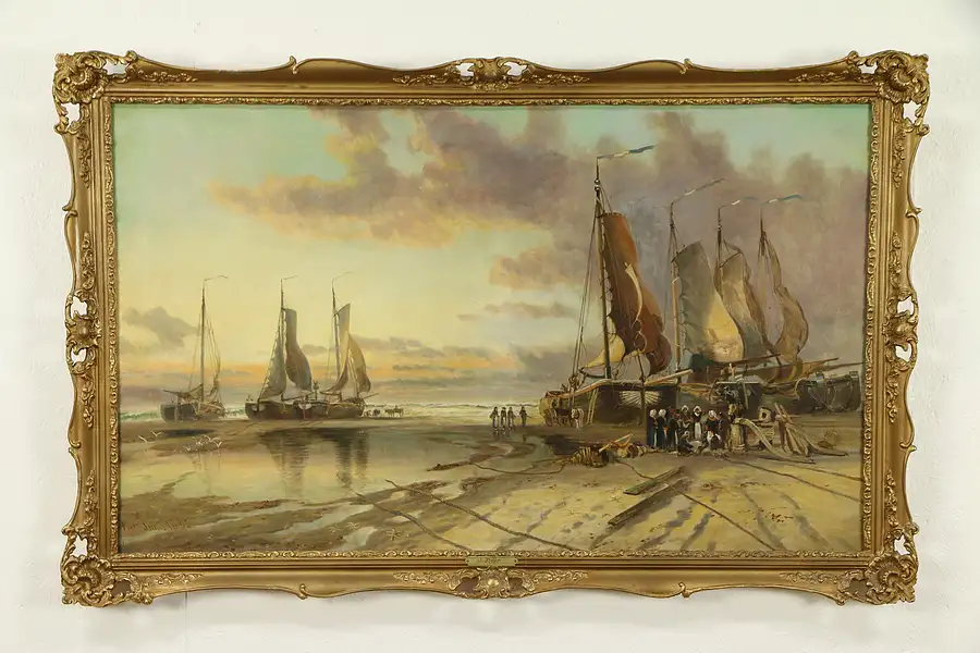 Main image of Sailing Ships at Shore, 56" Wide Original Oil Painting, J. Dyer 1882