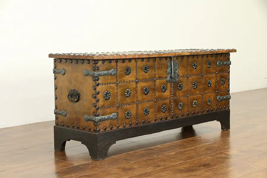 Main image of Spanish Vintage Leather Trunk or Chest, Brass & Iron Studs