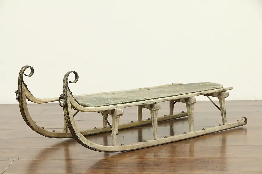 Main image of Victorian Antique Oak & Iron Child Snow Sled, Original Hand Painting