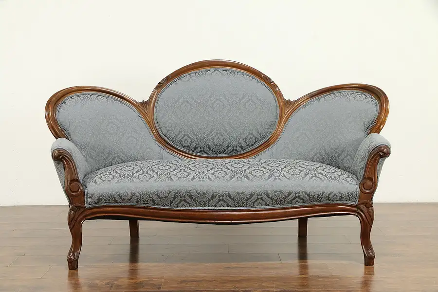 Main image of Victorian Antique Carved Walnut Loveseat or Small Sofa, New Upholstery