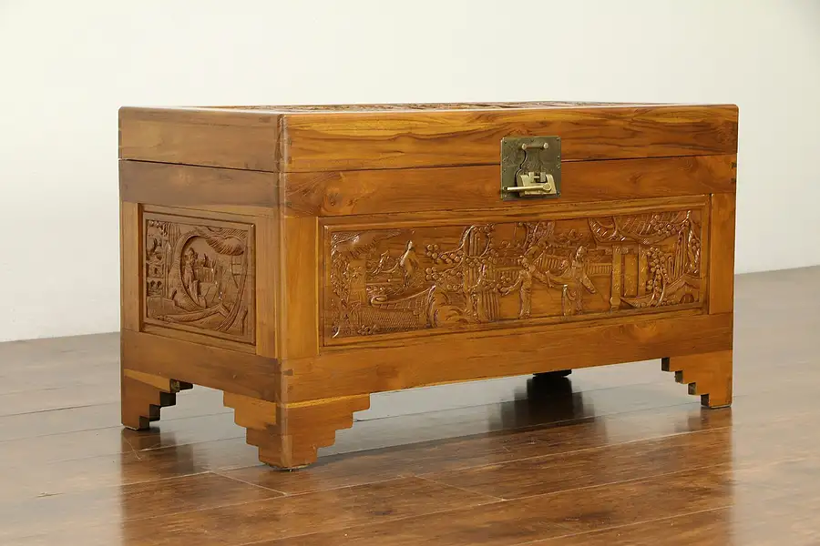 Main image of Chinese Vintage Carved Teak Camphor Lined Chest, Trunk or Coffee Table