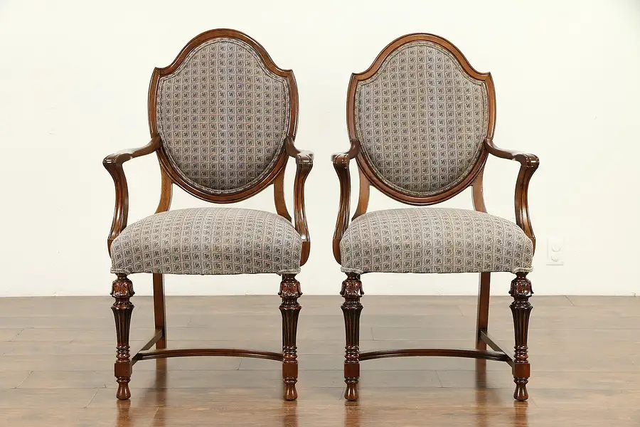 Main image of Pair Antique Shield Back Carved Walnut Dining or Occasional Chairs