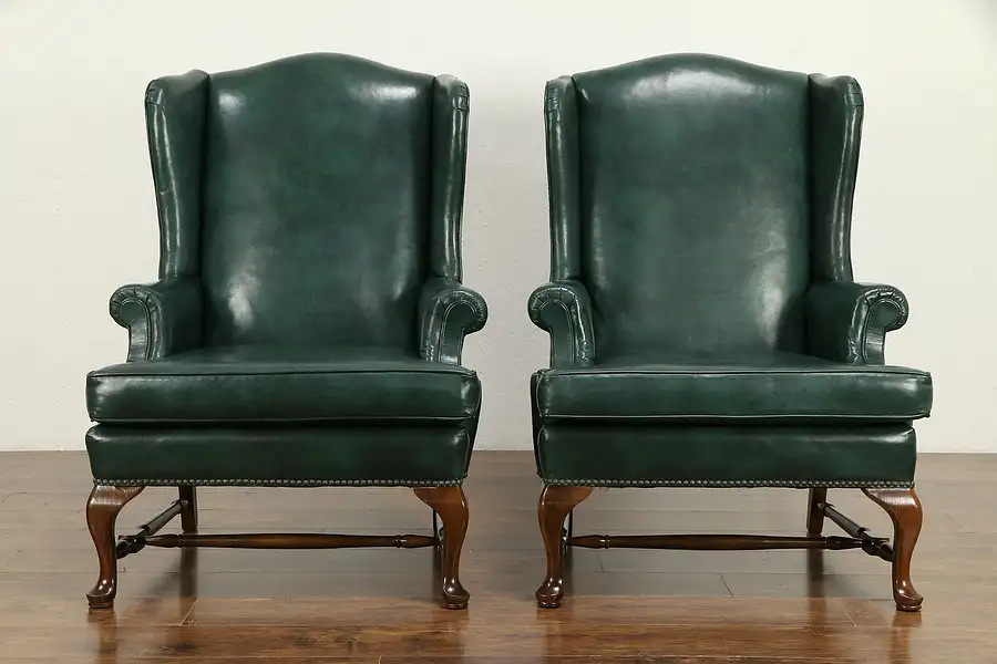 Main image of Traditional Pair of Vintage Leather Wing Chairs, Brass Nailhead Trim