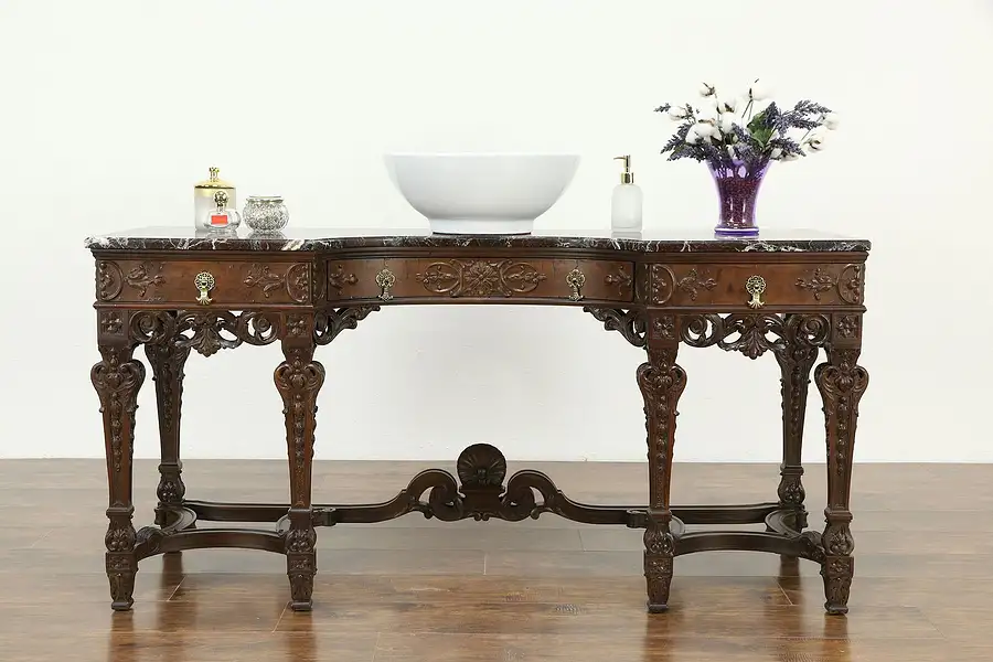 Main image of Renaissance Carved Antique Sink Vanity, Hall Console, Server, Red Marble