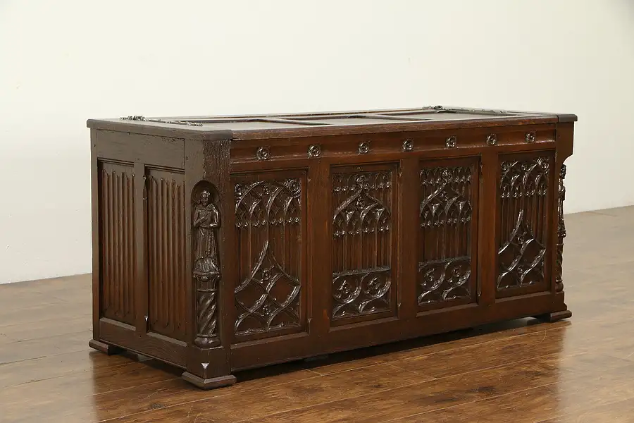 Main image of Gothic Antique Oak French Trunk or Dowry Chest, Carved Figures