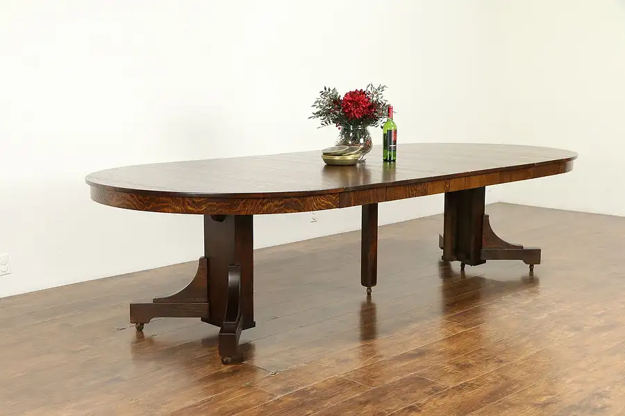 Main image of Arts & Crafts Mission Oak Antique 54" Craftsman Dining Table Extends 126"