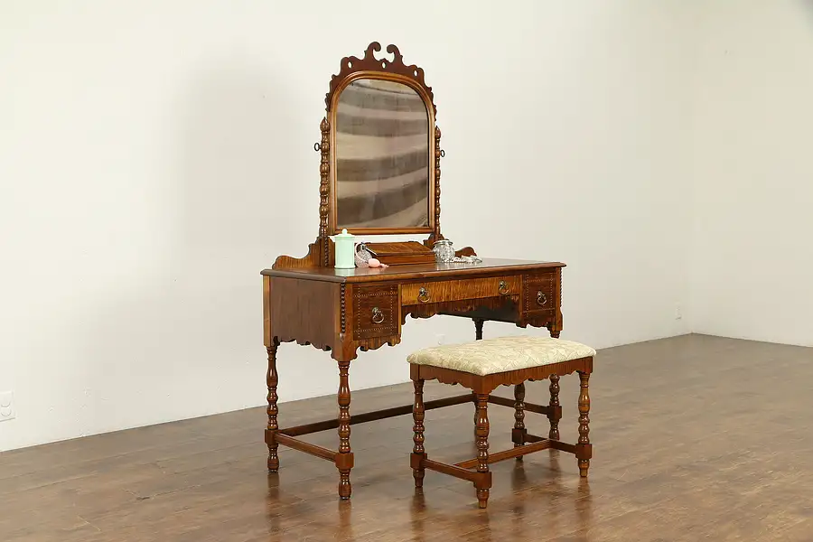 Main image of English Tudor Walnut & Curly Maple Antique Vanity Dressing Table & Bench