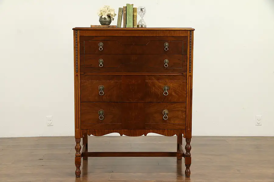 Main image of English Tudor Walnut & Curly Maple Antique Tall Chest or Highboy