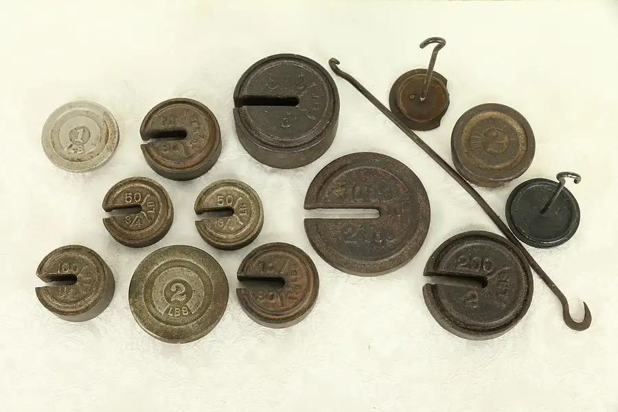 Main image of Group of 10 Antique Cast Iron Scale Weights & 2 Hangers