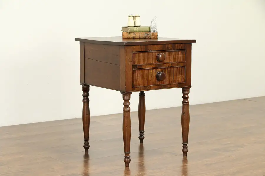 Main image of Sheraton 1820 Antique Cherry & Tiger Maple Nightstand or End Table