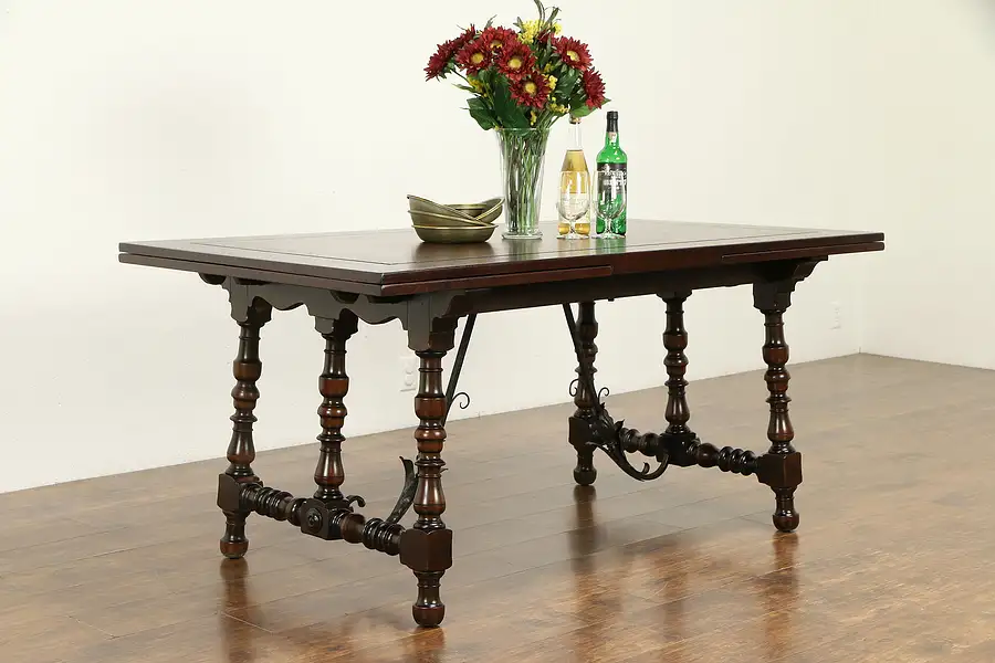 Main image of Spanish Colonial Library or Dining Table, Walnut, Wrought Iron, Kittinger