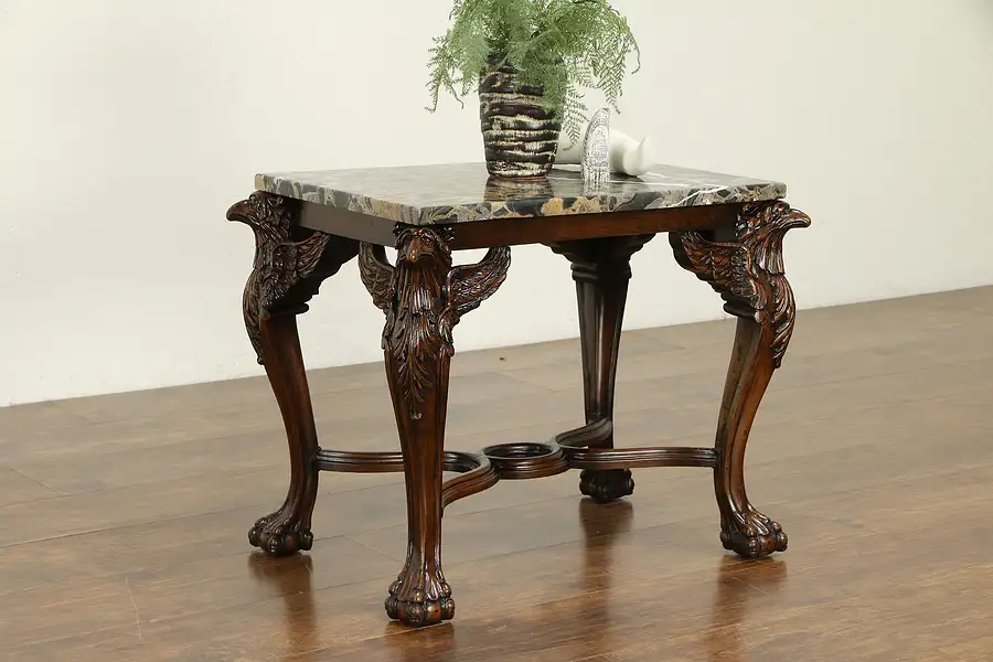 Main image of Marble Top Antique Walnut Coffee Table, Carved Eagle Legs