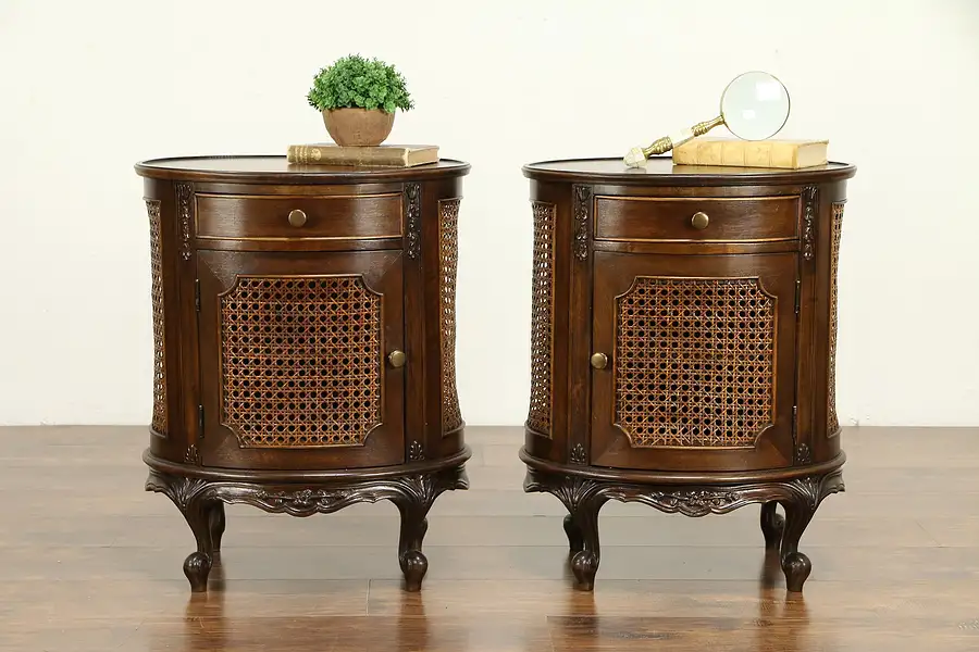 Main image of Pair of Antique Oval Walnut Nightstands or End Tables, Cane Panels