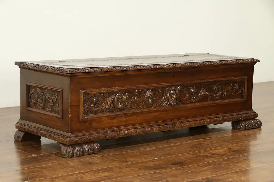 Main image of Italian Antique Cassone, Dowry Chest, Blanket Trunk or Bench, Lion Paws