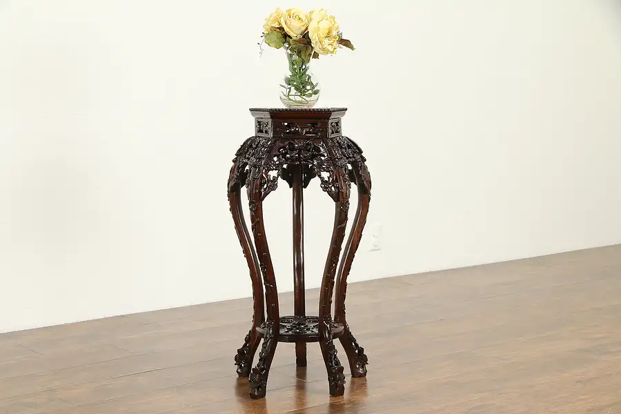 Main image of Chinese Antique Rosewood Plant Stand or Sculpture Pedestal, Marble