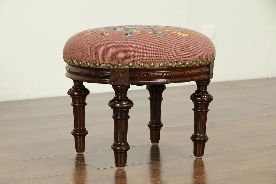 Main image of French Oval Antique Walnut Footstool, Handstitched Needlepoint Upholstery