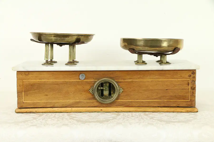 Main image of Victorian Antique English Walnut & Marble Balance Scale, Royal Stamp