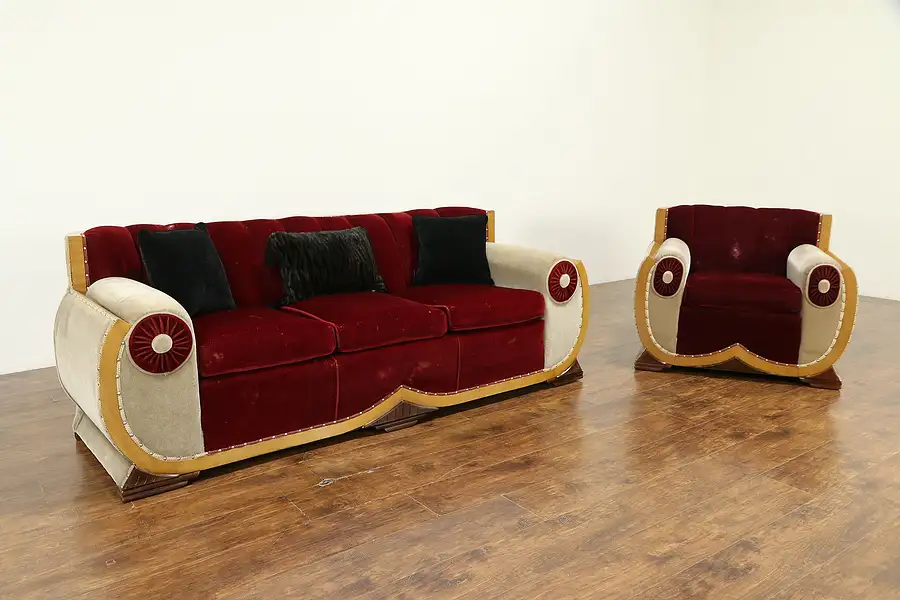 Main image of Art Deco 1930 Vintage Sofa & Chair Set, Original Mohair Upholstery