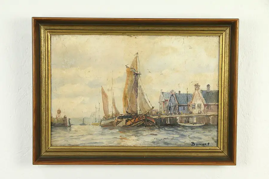 Main image of Harbor Scene with Ships, Antique Original Oil Painting, Bungas