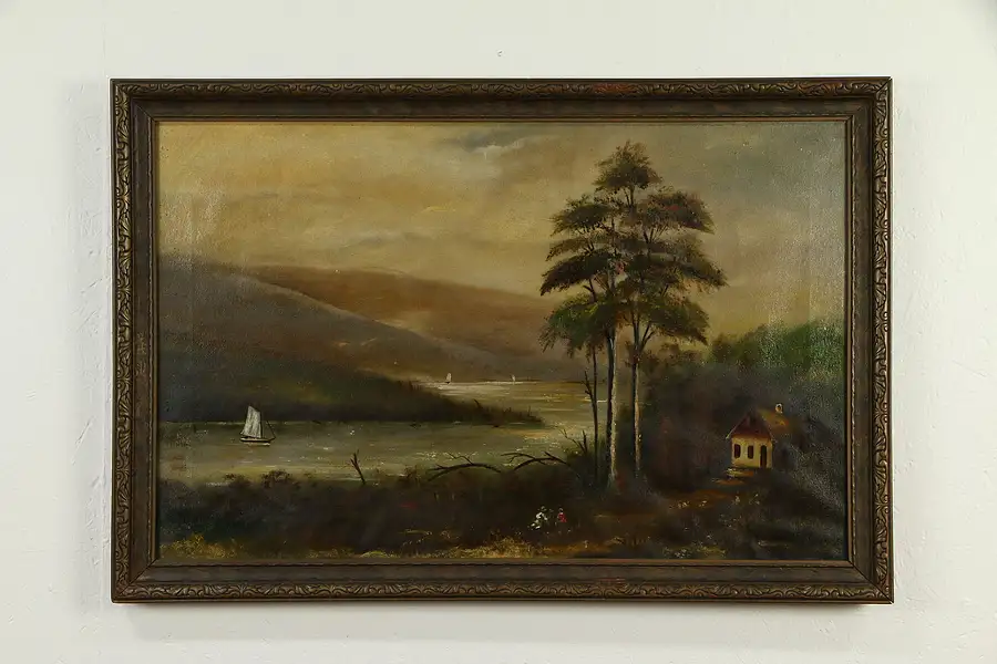 Main image of Lake with Sailboats & Cottage Antique Original Oil Painting, Wooster