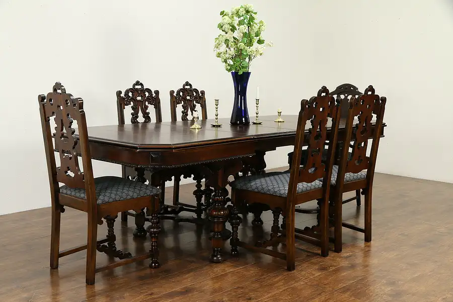 Main image of English Tudor Antique Walnut Dining Set, Table, 2 Leaves 6 Chairs, Ottawa