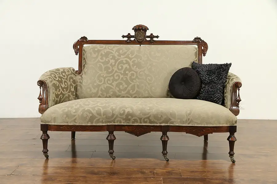 Main image of Victorian Renaissance Antique Loveseat, Bronze Cherubs, New Upholstery